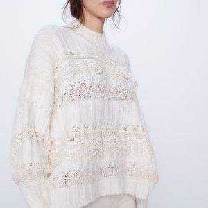 Zara Ivory Contrasting mock neck sweater lace and crochet applique NWT